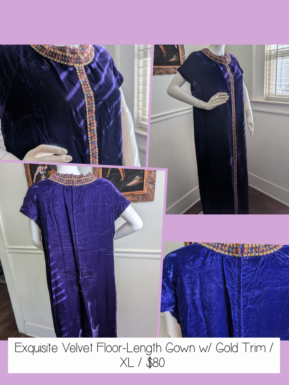 Luxurious Velvet Floor-Length Gown with Gold Trim